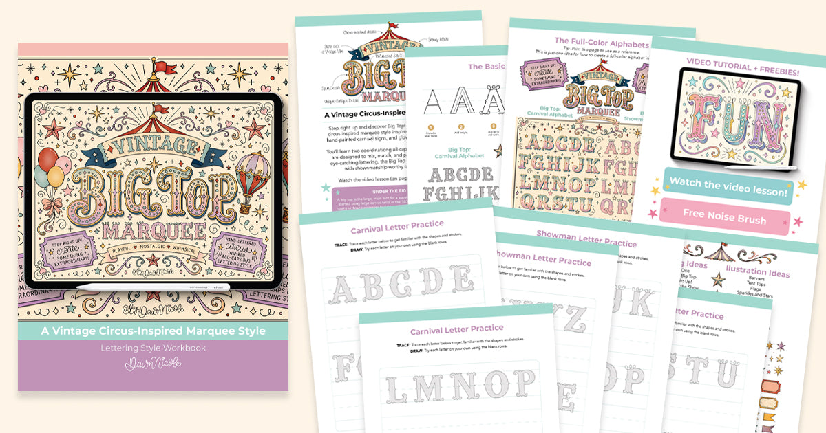 A collage-style product preview showing a framed decorative design sample and several printed worksheet pages for creating circus-inspired marquee lettering. The design features pastel pink, lavender, beige, and blue tones with decorative typography and illustration elements.