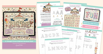 A collage-style product preview showing a framed decorative design sample and several printed worksheet pages for creating circus-inspired marquee lettering. The design features pastel pink, lavender, beige, and blue tones with decorative typography and illustration elements.