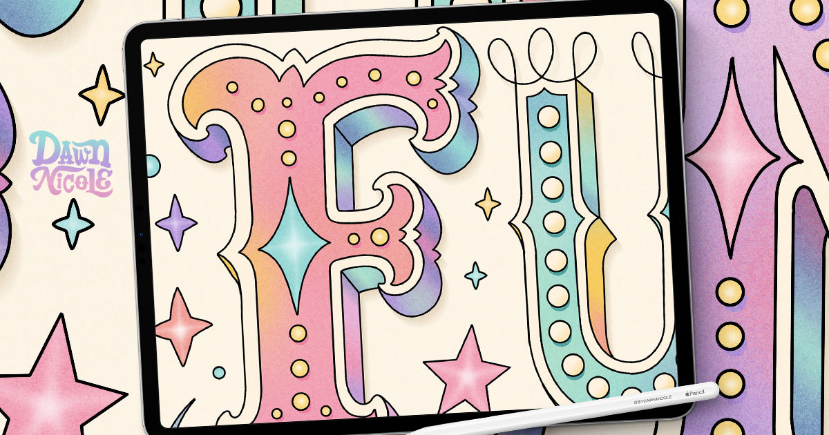 A stylized digital illustration of the word "FU" in large decorative letters on a tablet screen, surrounded by pastel stars and sparkles. The artwork uses pink, blue, yellow, purple, and teal tones, with a white stylus resting along the bottom edge.