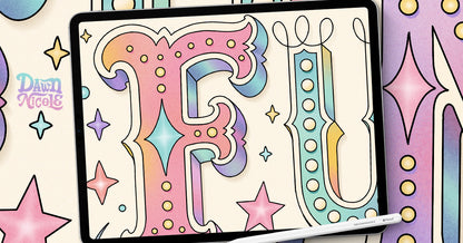A stylized digital illustration of the word "FU" in large decorative letters on a tablet screen, surrounded by pastel stars and sparkles. The artwork uses pink, blue, yellow, purple, and teal tones, with a white stylus resting along the bottom edge.