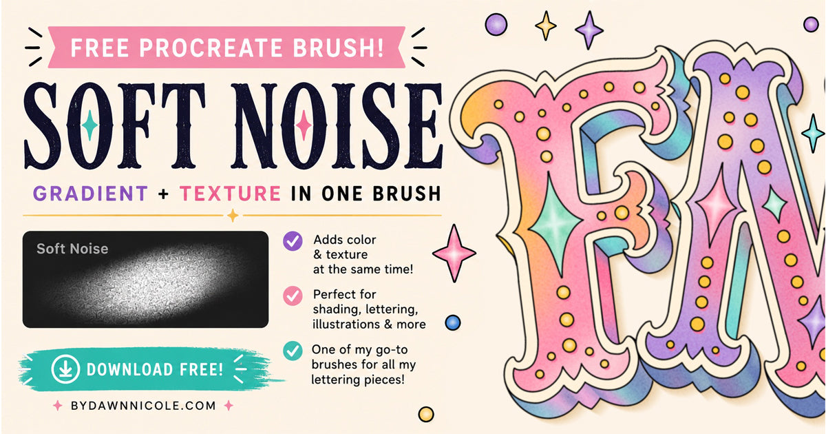 Promotional graphic for a digital brush set called 'Soft Noise' by dawnsnicole.com.