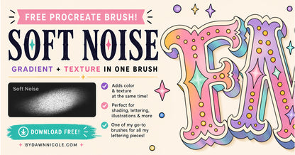 Promotional graphic for a digital brush set called 'Soft Noise' by dawnsnicole.com.
