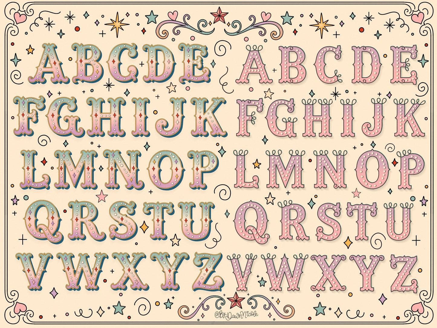 A decorative alphabet poster showing uppercase letters A through Z in a whimsical, pastel-colored stitched font with stars, hearts, and swirls on a cream background.
