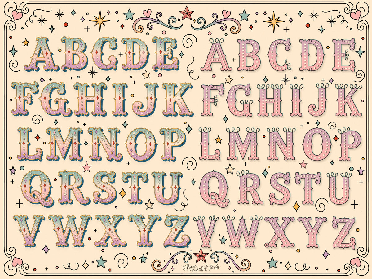 A decorative alphabet poster showing uppercase letters A through Z in a whimsical, pastel-colored stitched font with stars, hearts, and swirls on a cream background.