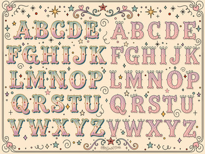 A decorative alphabet poster showing uppercase letters A through Z in a whimsical, pastel-colored stitched font with stars, hearts, and swirls on a cream background.