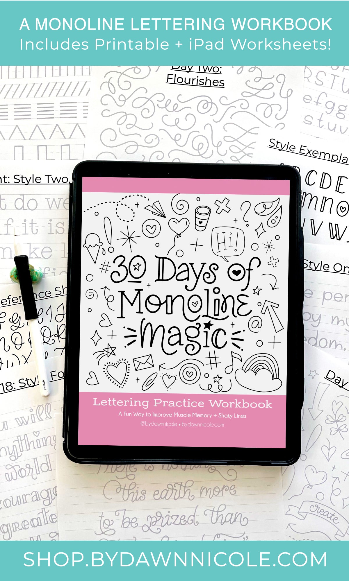 30 Days of Monoline Magic Workbook – Dawn Nicole 💖 Lettering Shop